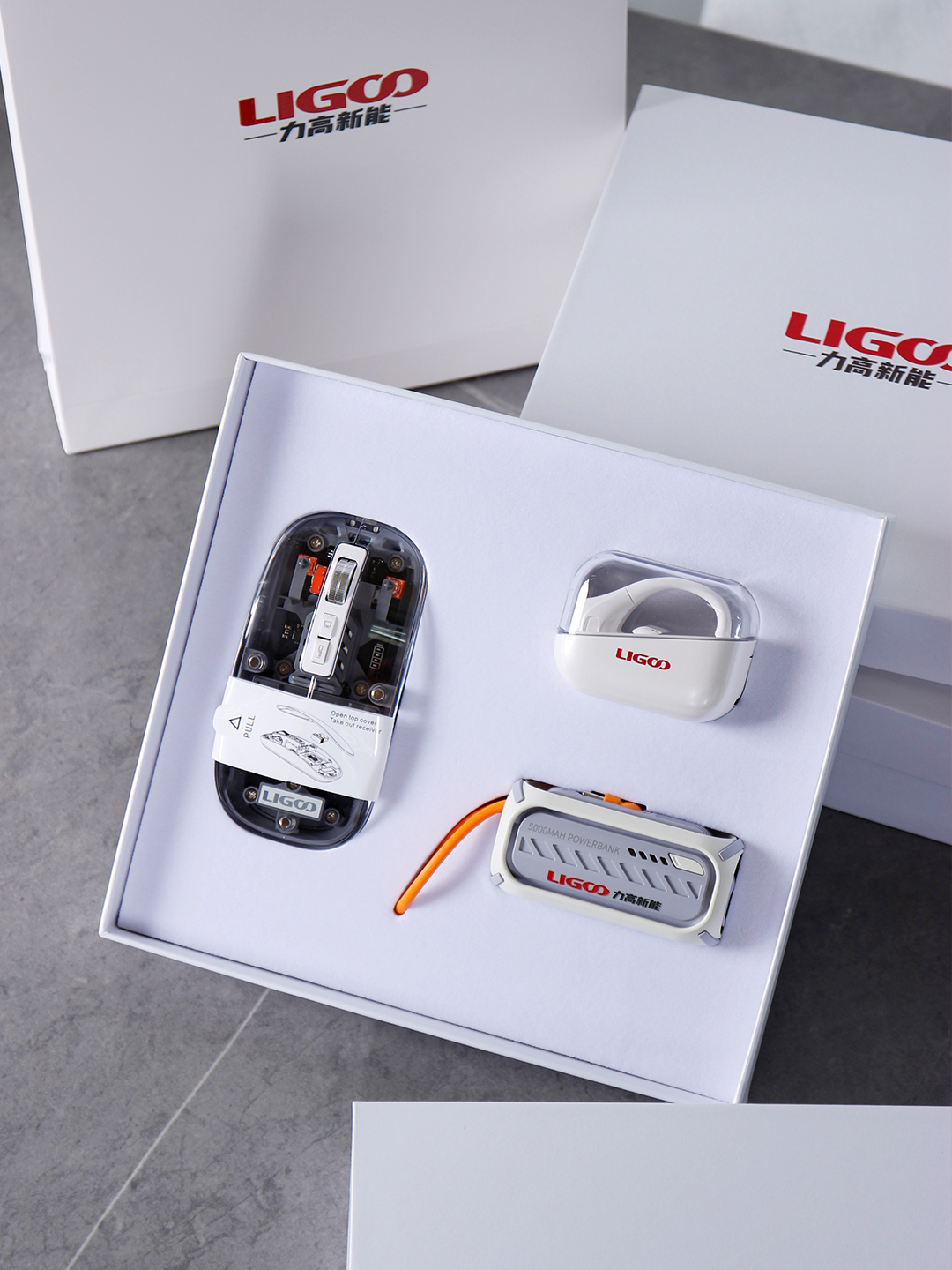LC-1603透明鼠标+LC-0905/X6透明蓝牙耳机+LC-031超级快充充电宝透明科技数码礼盒