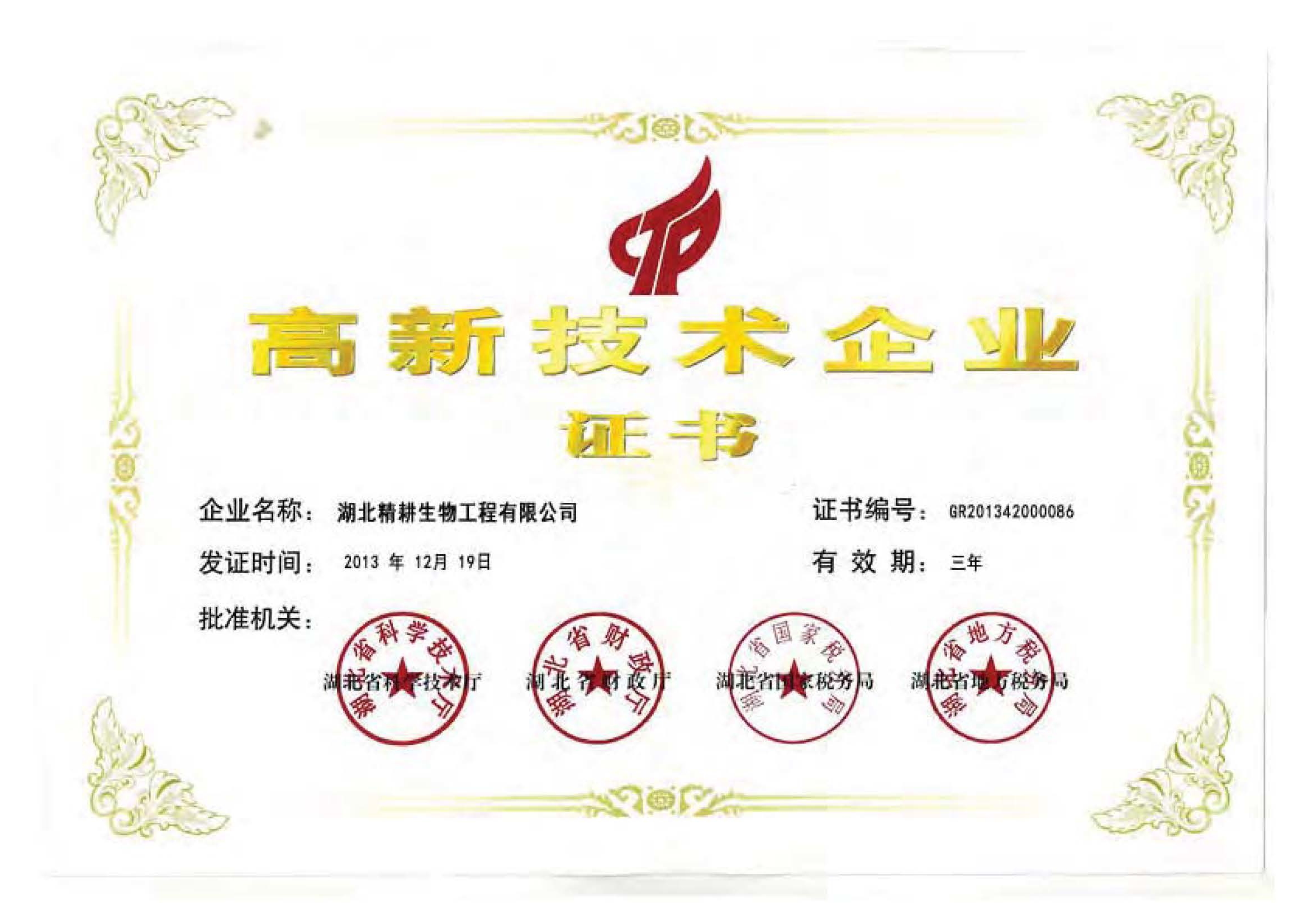 2013年高新企业证书