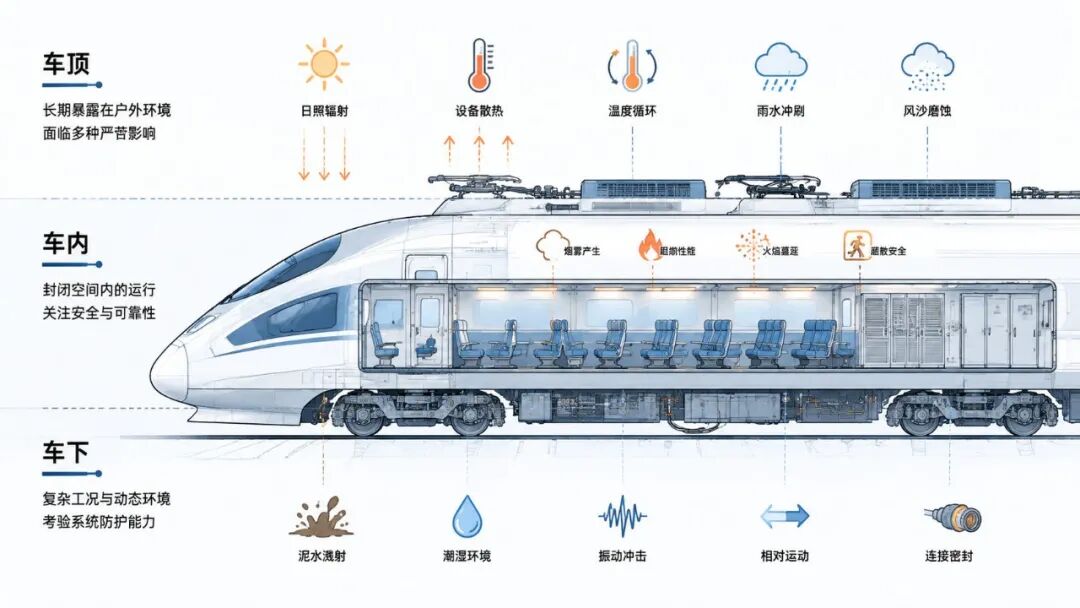 高铁车顶车内车下线束环境总览