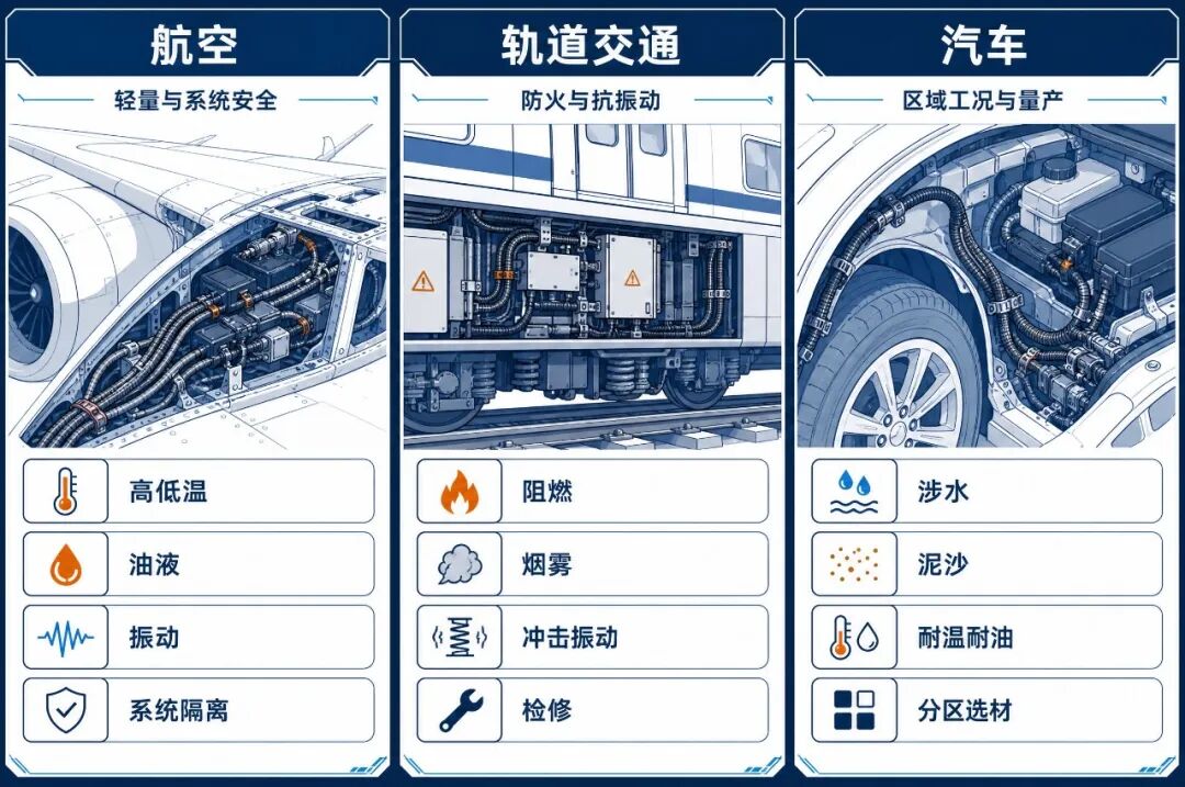 三大行业线束防护对比